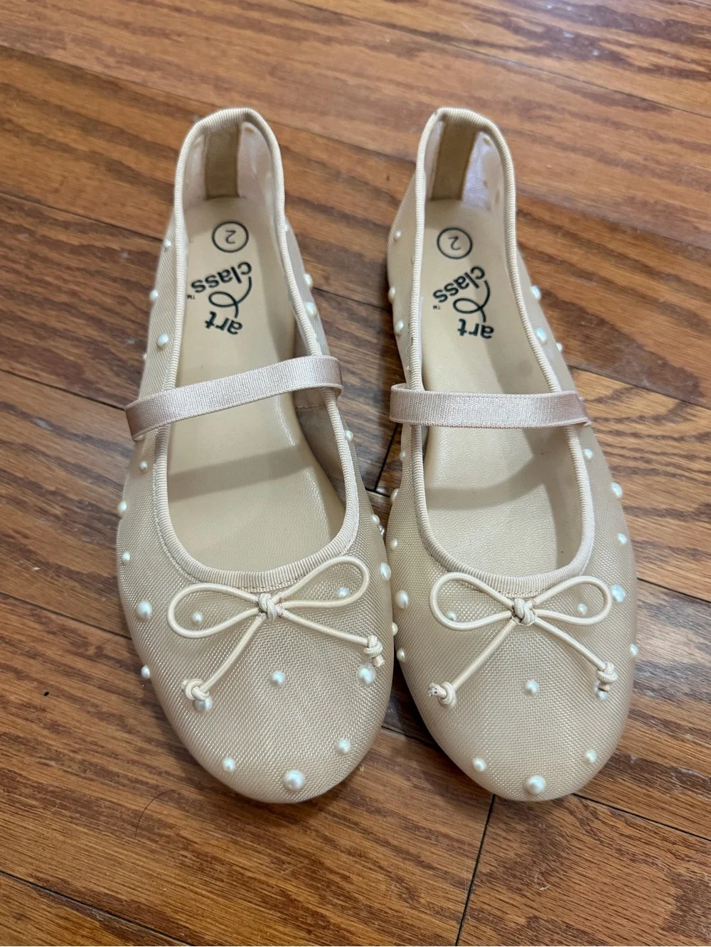 art class Girls Peach-Beige Pearl Mesh Mary Jane Ballet Flats